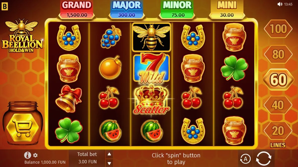 Interface do jogo Royal Beellion Hold & Win em um smartphone