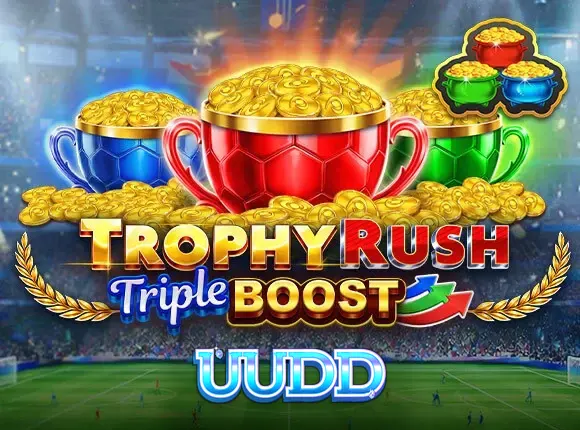 Interface de jogo do slot Trophy Rush Triple Boost com destaque para o sistema de moedas